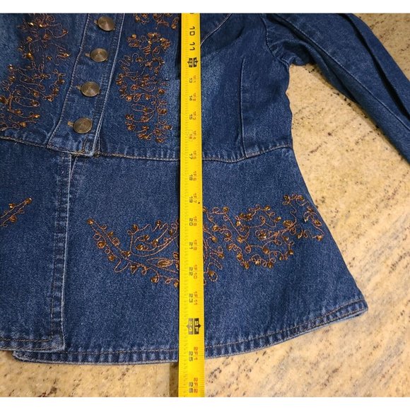 New! Vintage BEA Size 12P Jean Denim Shirt Blazer Gold Button Embroidered Sequin - Picture 5 of 12